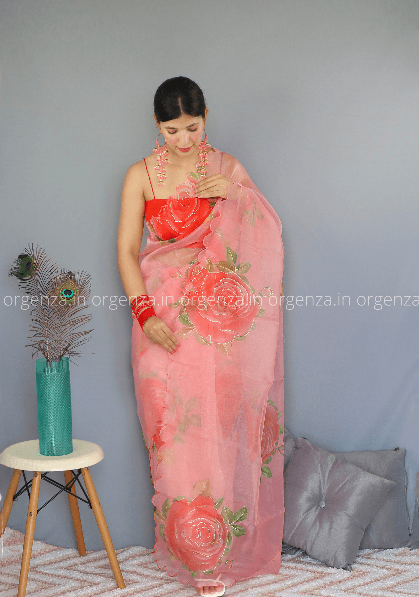 Peach Floral Organza Saree With Foil Print - Orgenza Store