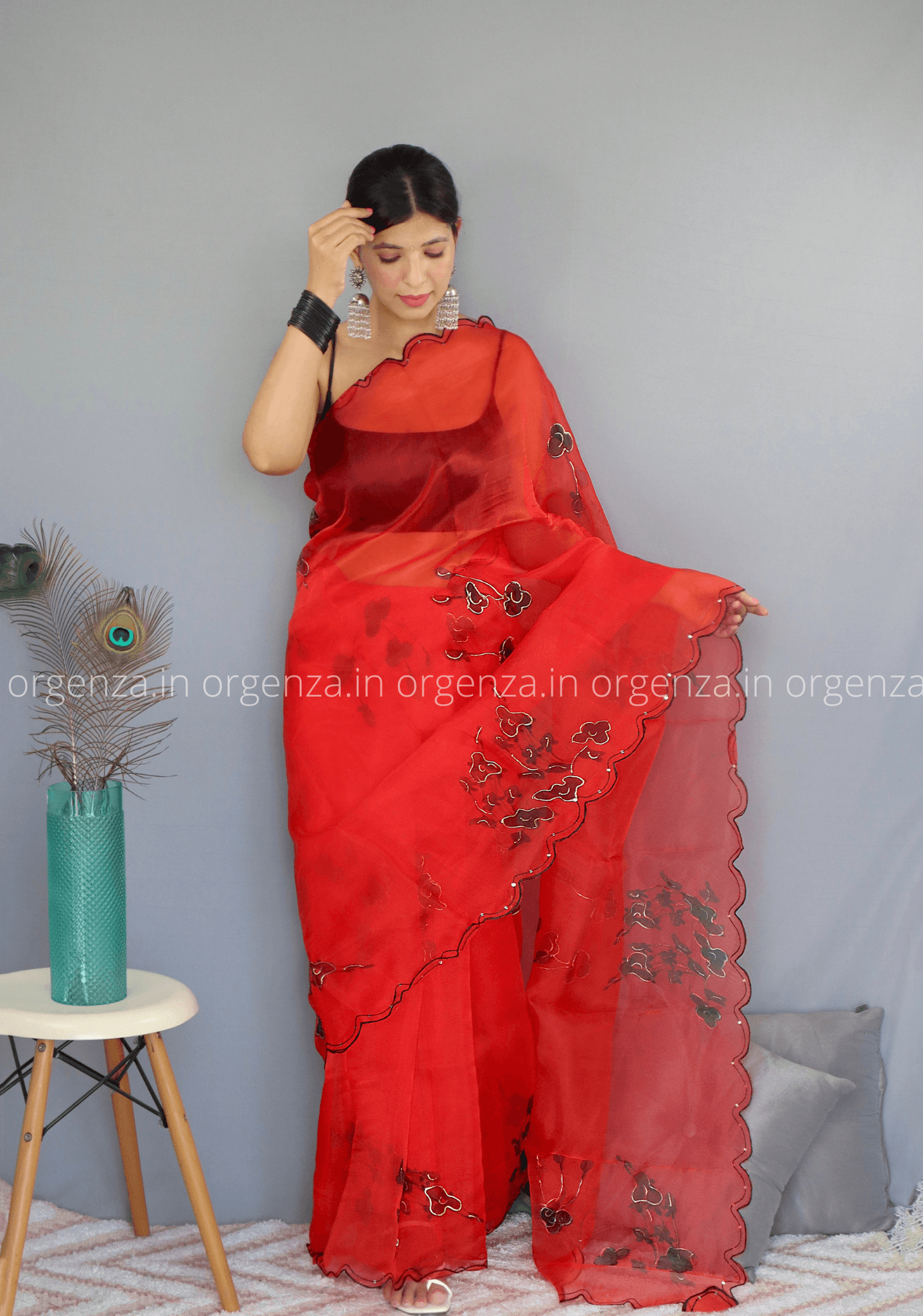 Red Floral Organza Saree With Foil Print - Orgenza Store