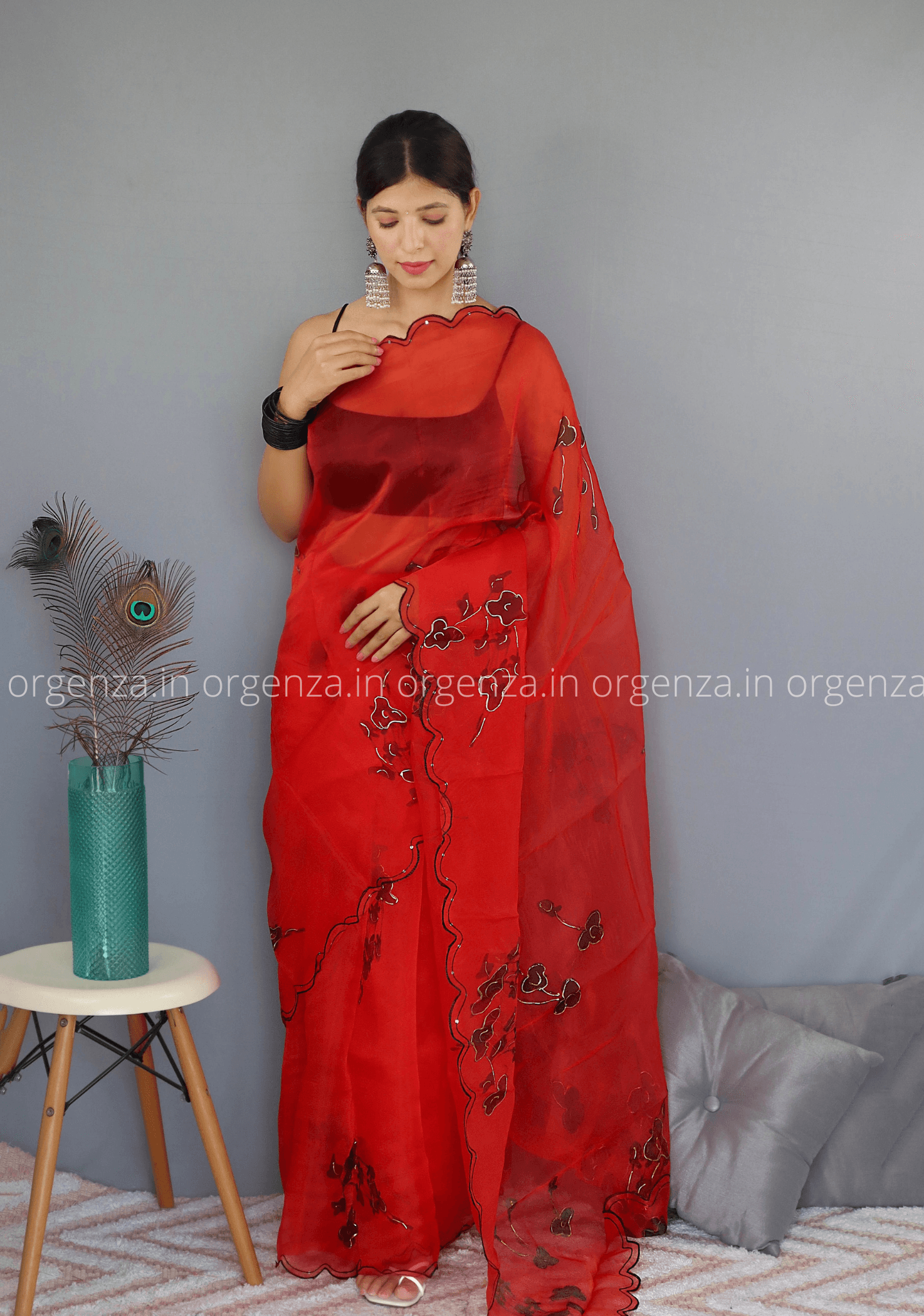Red Floral Organza Saree With Foil Print - Orgenza Store - digisoch