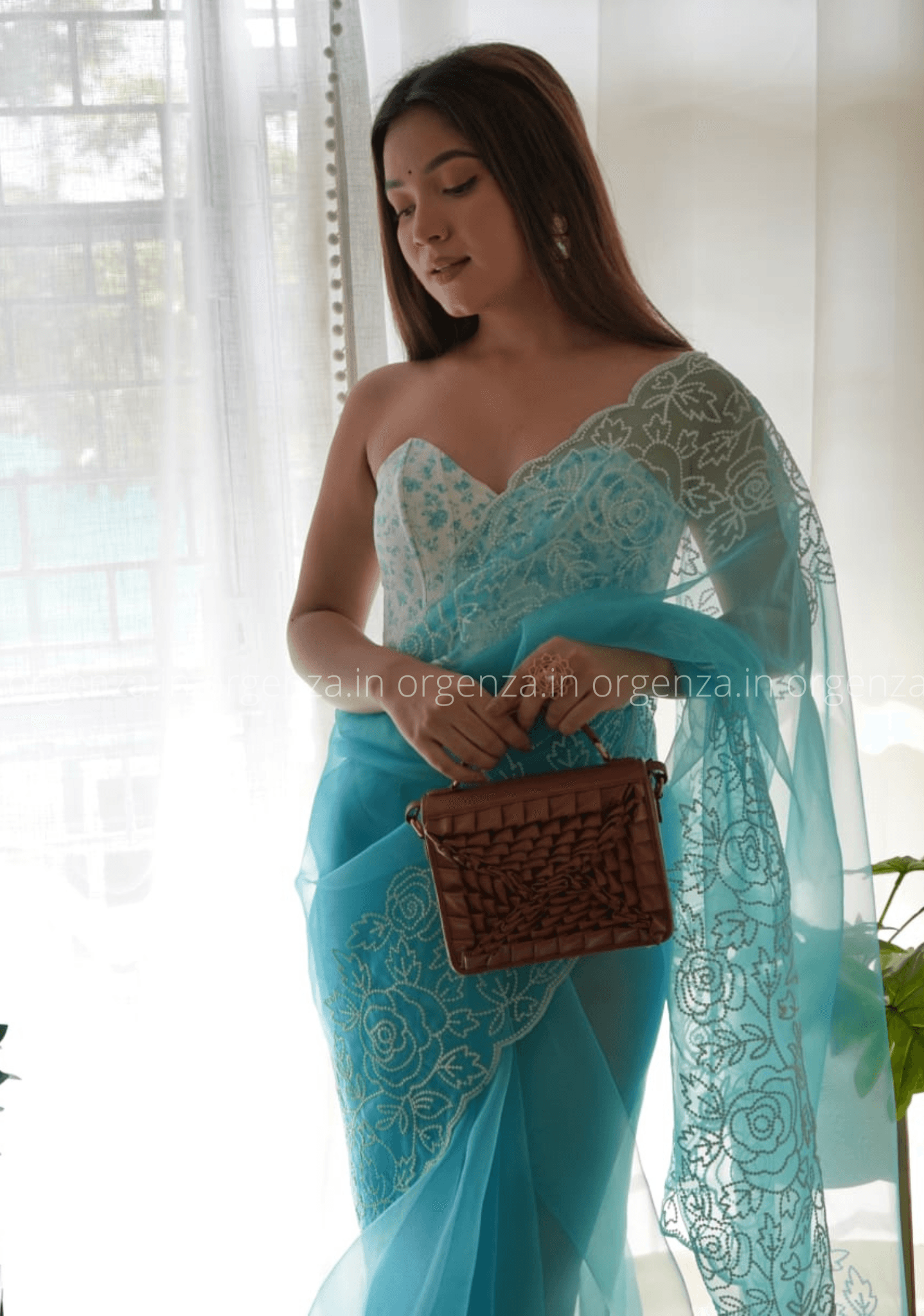 Sky Colour Chikankari Work Saree With C Pallu Cutwork - Orgenza Store