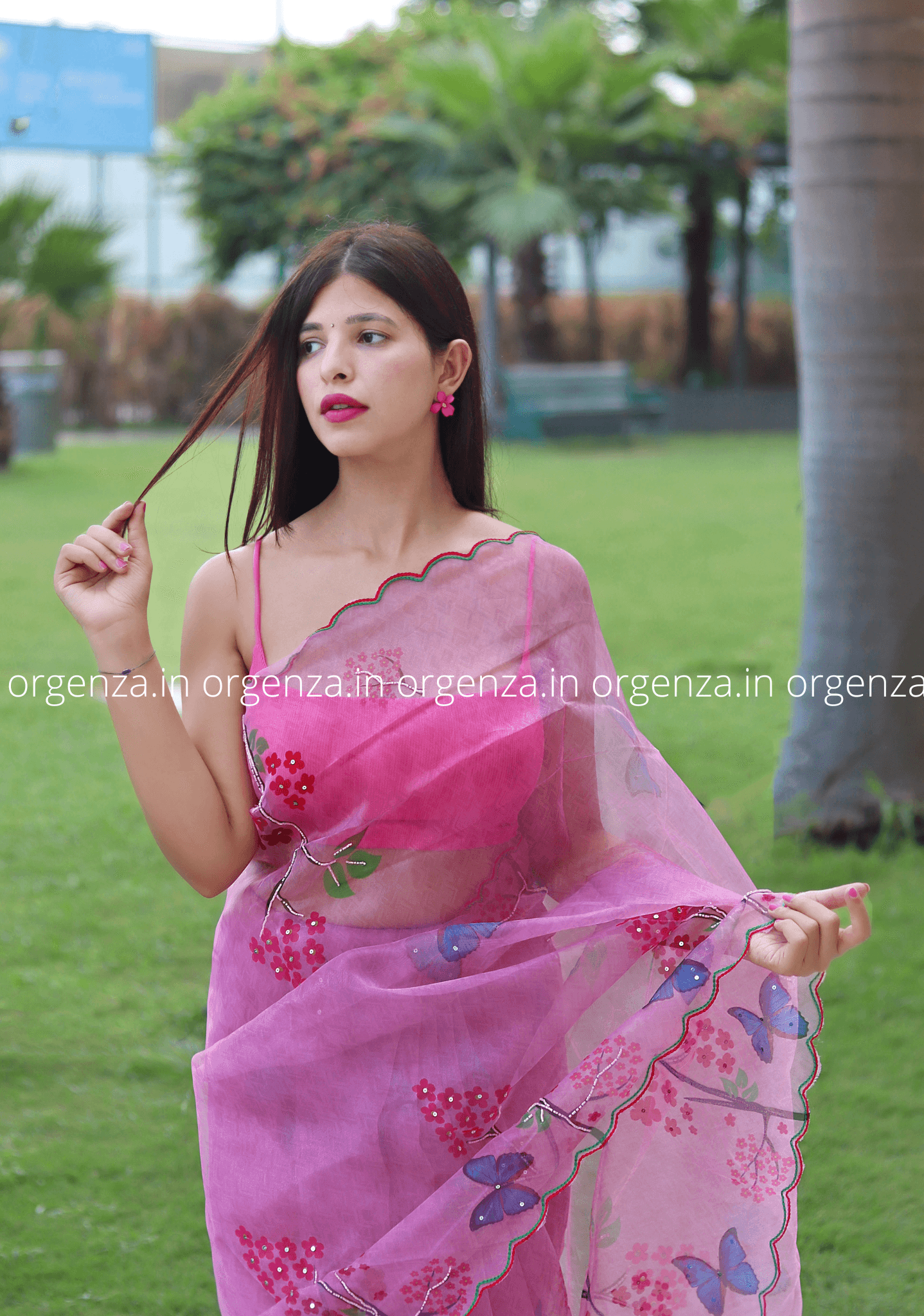Baby Pink Organza Saree With Hand Work - Orgenza Store