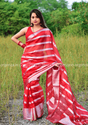 Red Kora Organza Silk Saree With Silver Border - Orgenza Store - digisoch