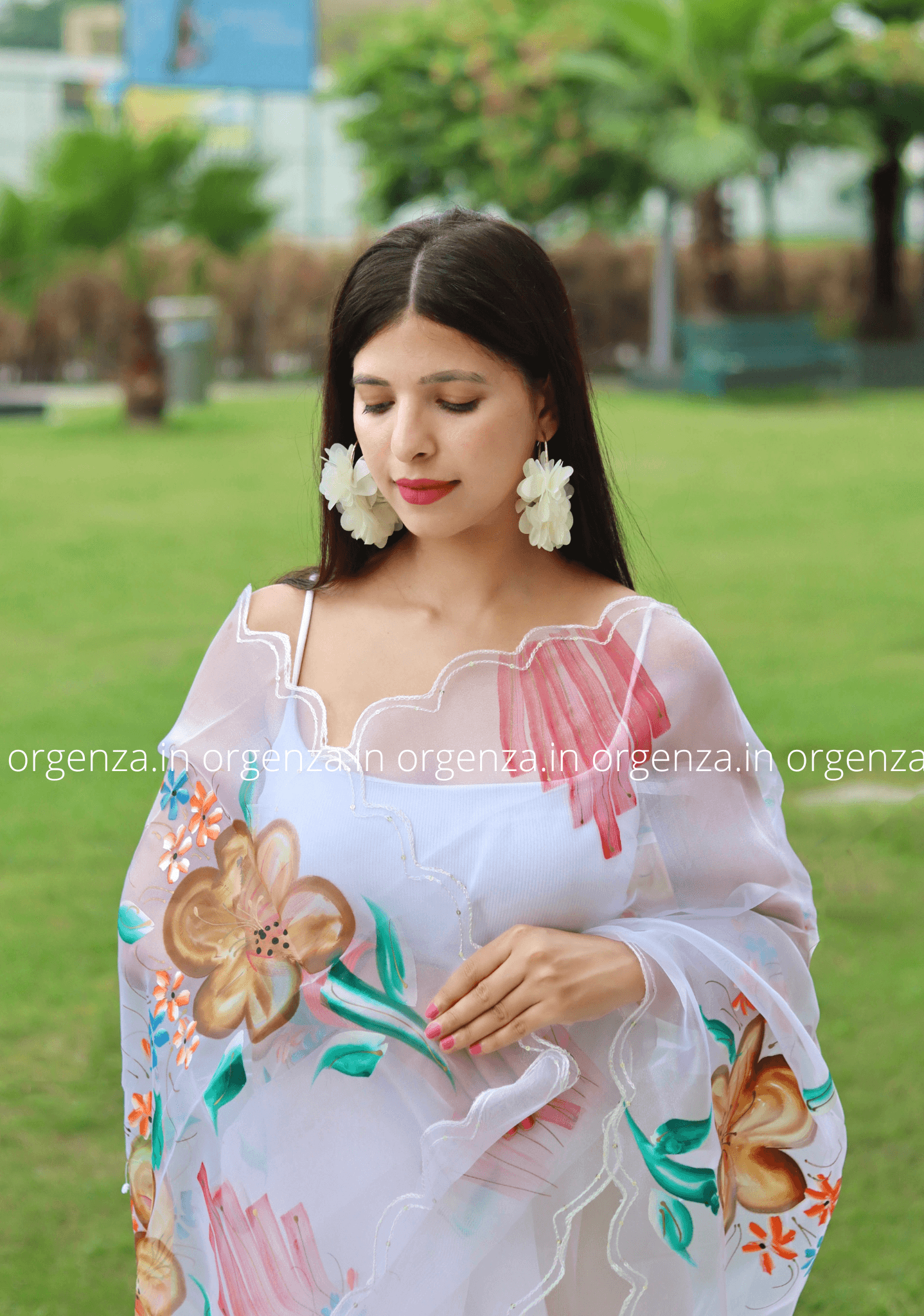 White Colour Hand Print Organza Saree - Orgenza Store