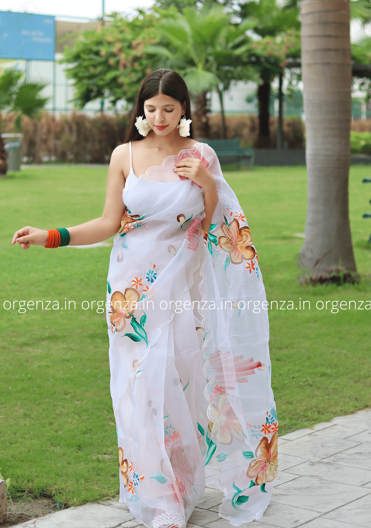 White Colour Hand Print Organza Saree - Orgenza Store