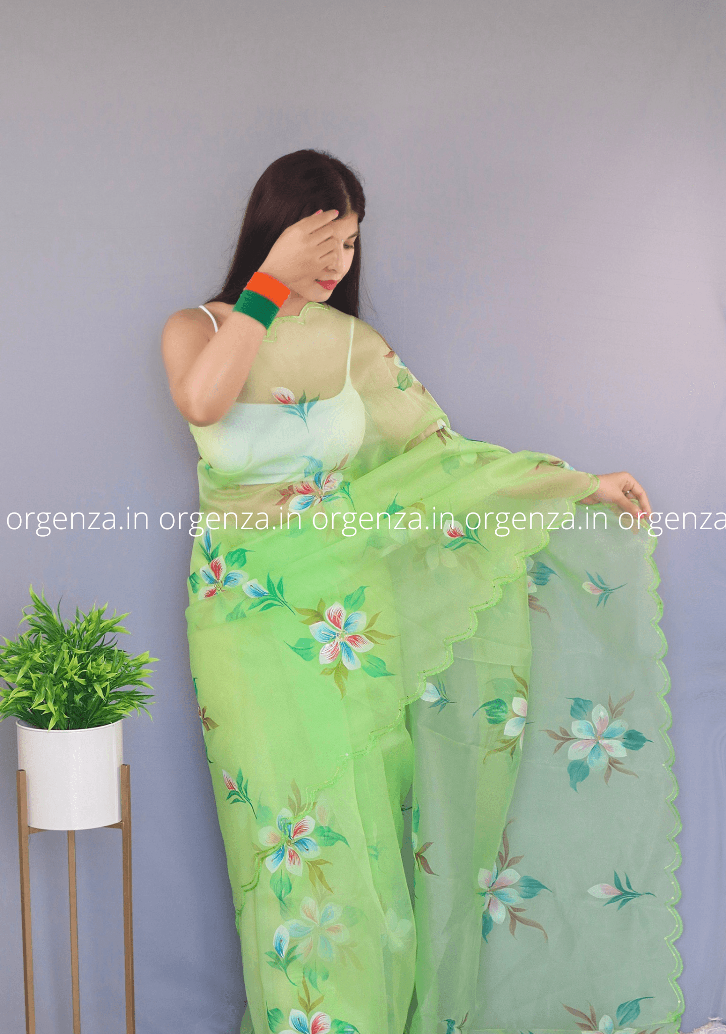 Lime Colour Organza Saree With CutWork - Orgenza Store