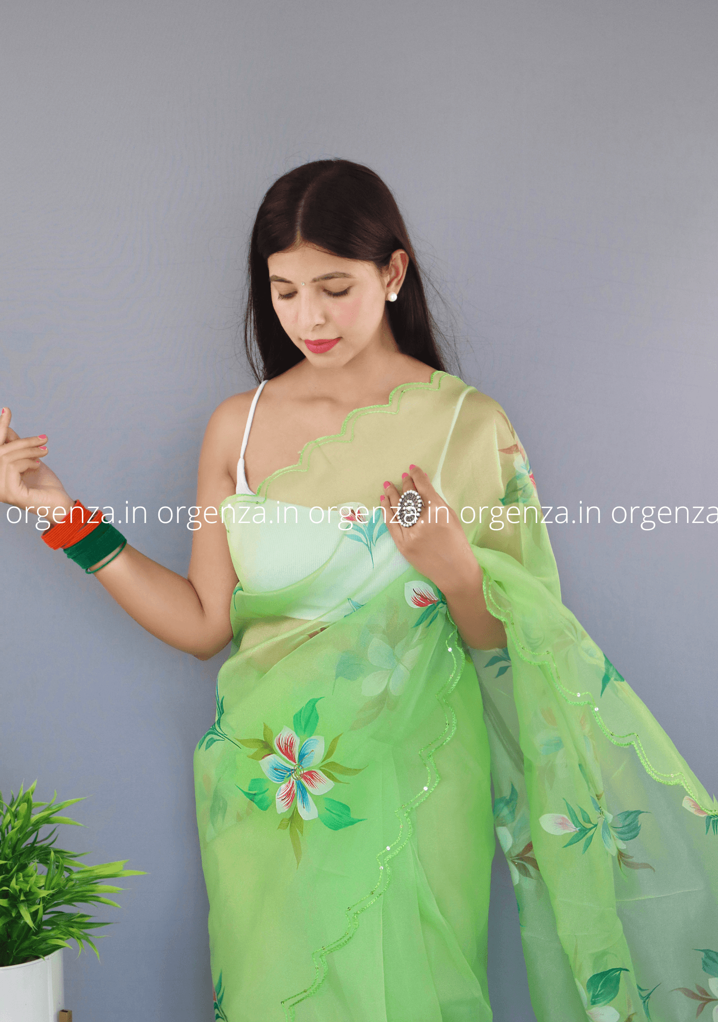 Lime Colour Organza Saree With CutWork - Orgenza Store