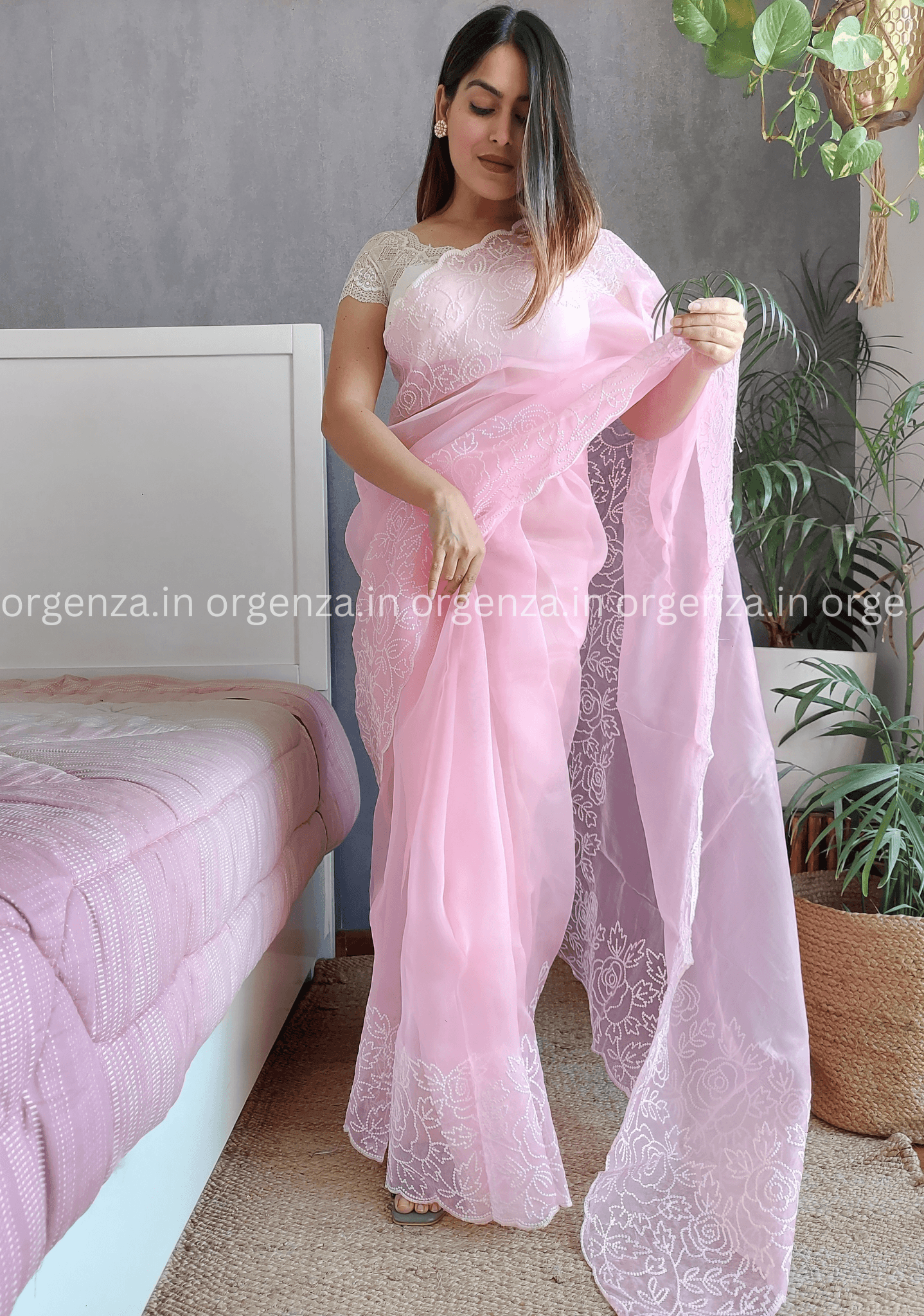 Baby Pink Organza Saree - Orgenza Store