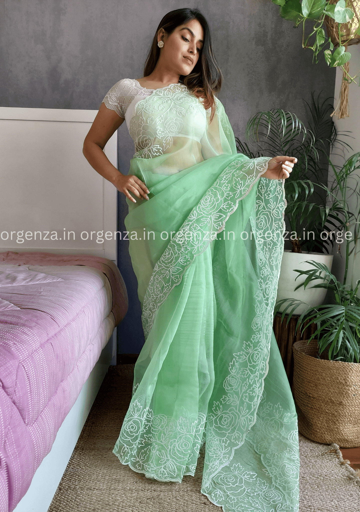 Green Colour Organza Saree With Blouse - Orgenza Store