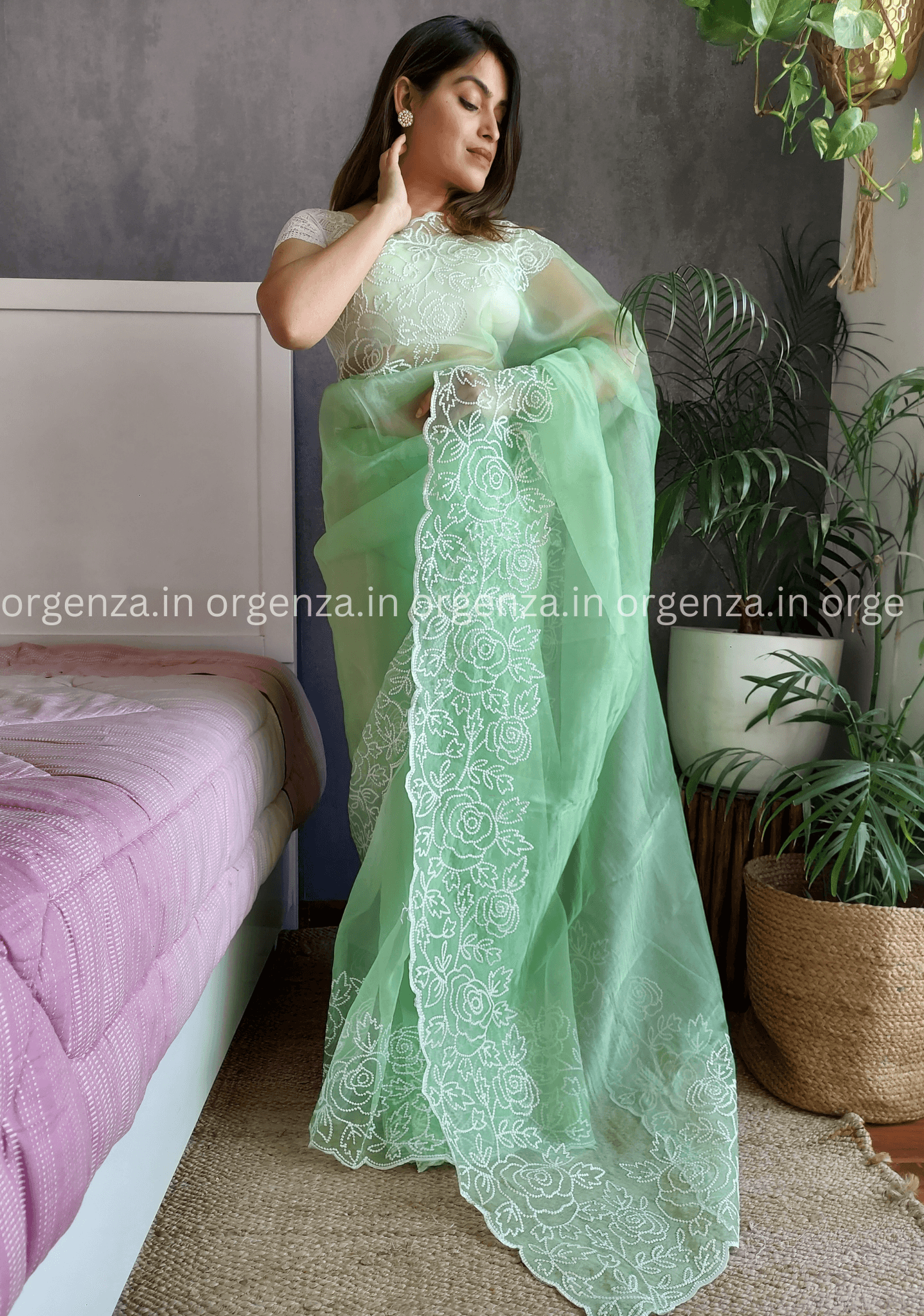 Green Colour Organza Saree With Blouse - Orgenza Store