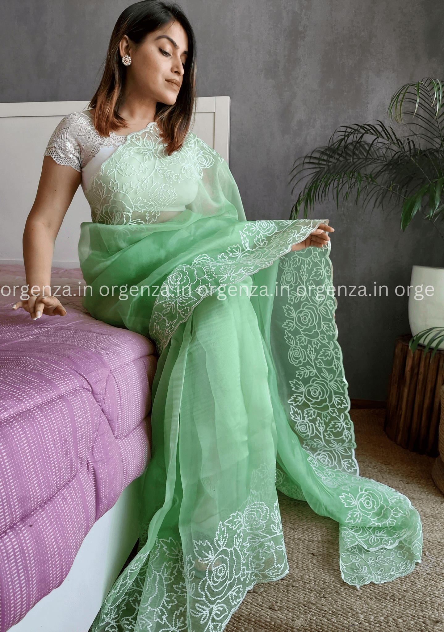 Green Colour Organza Saree With Blouse - Orgenza Store