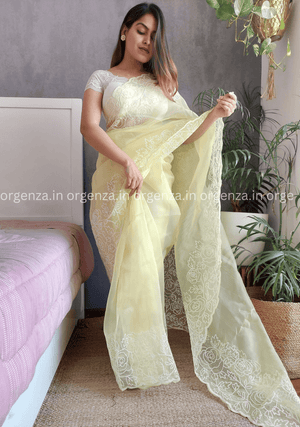 Yellow Colour Organza Saree With Floral Work - Orgenza Store - digisoch