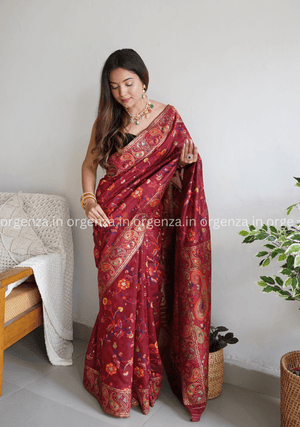 Pure Pashmina Kachi Weaving Kashmiri Silk Saree - Orgenza Store