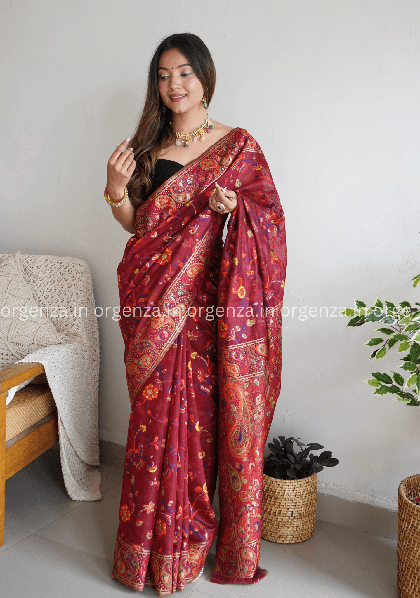 Pure Pashmina Kachi Weaving Kashmiri Silk Saree - Orgenza Store