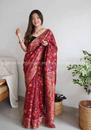 Pure Pashmina Kachi Weaving Kashmiri Silk Saree - Orgenza Store
