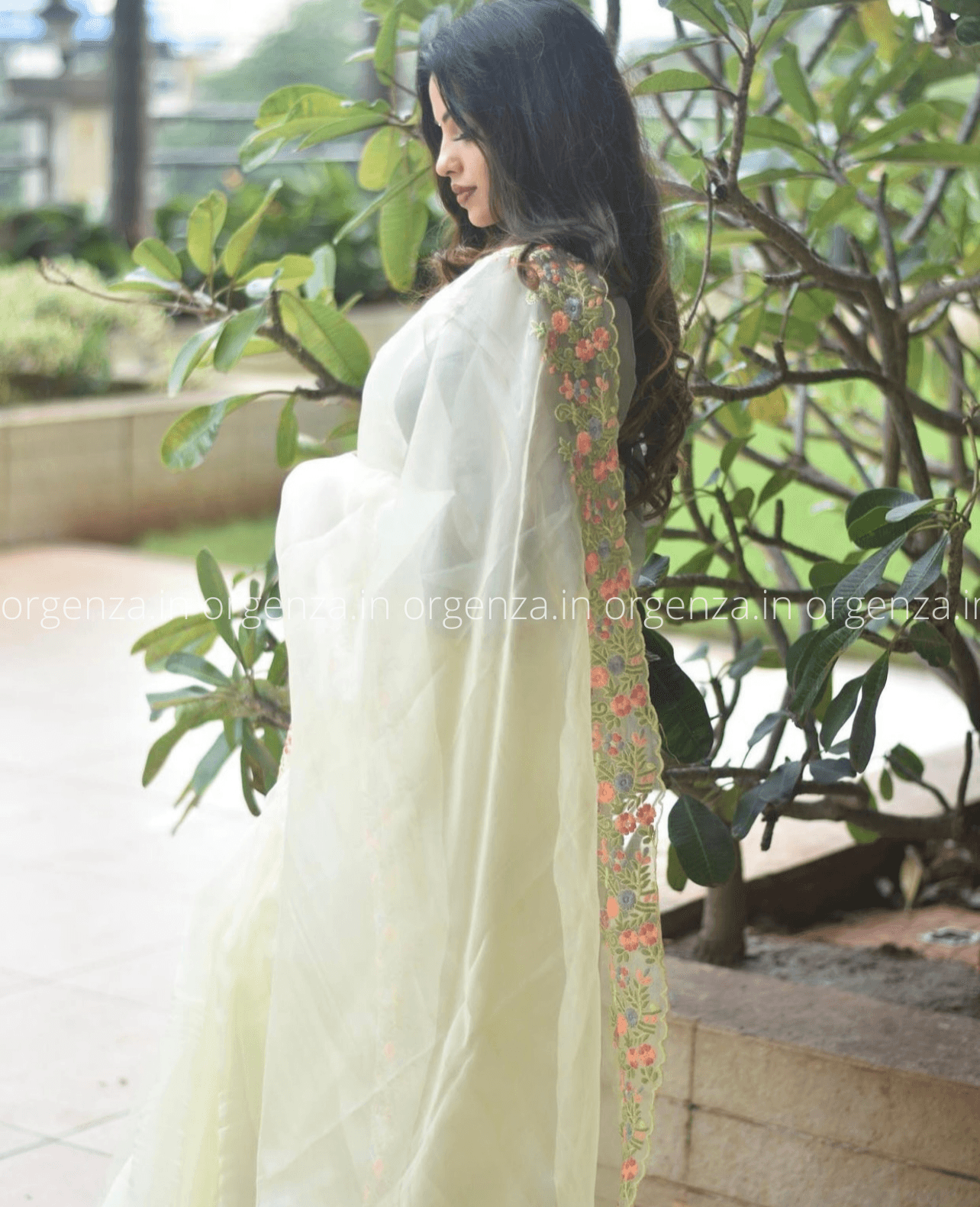 Pure Organza Silk Saree With Floral Handwork - Orgenza Store