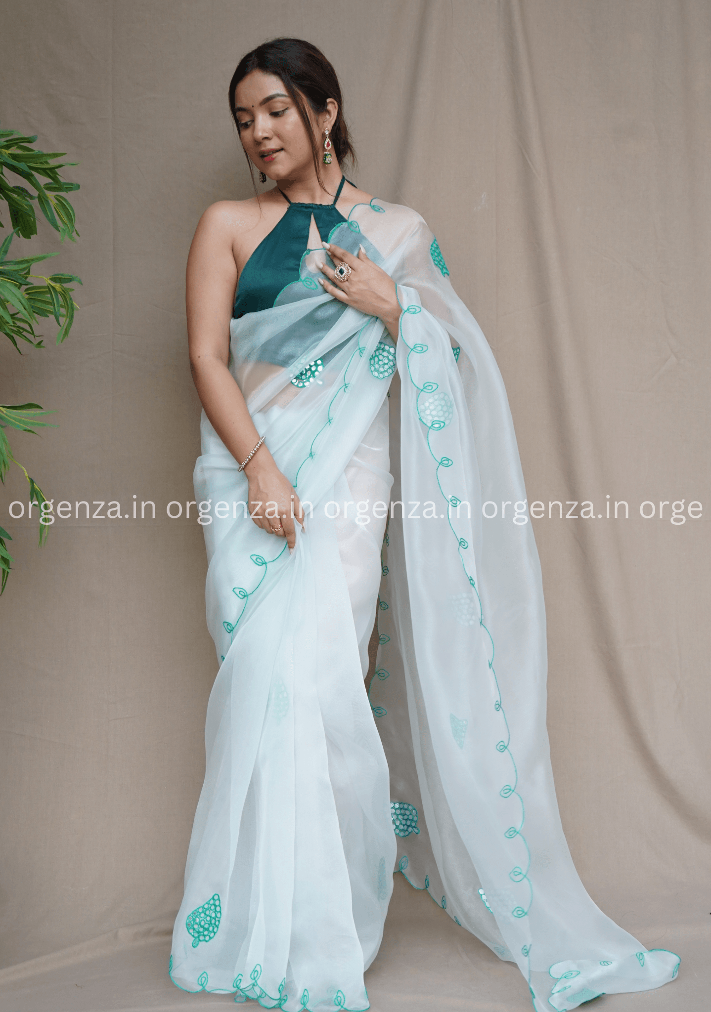 White Colour Organza Saree With Gotta Aari Work - Orgenza Store