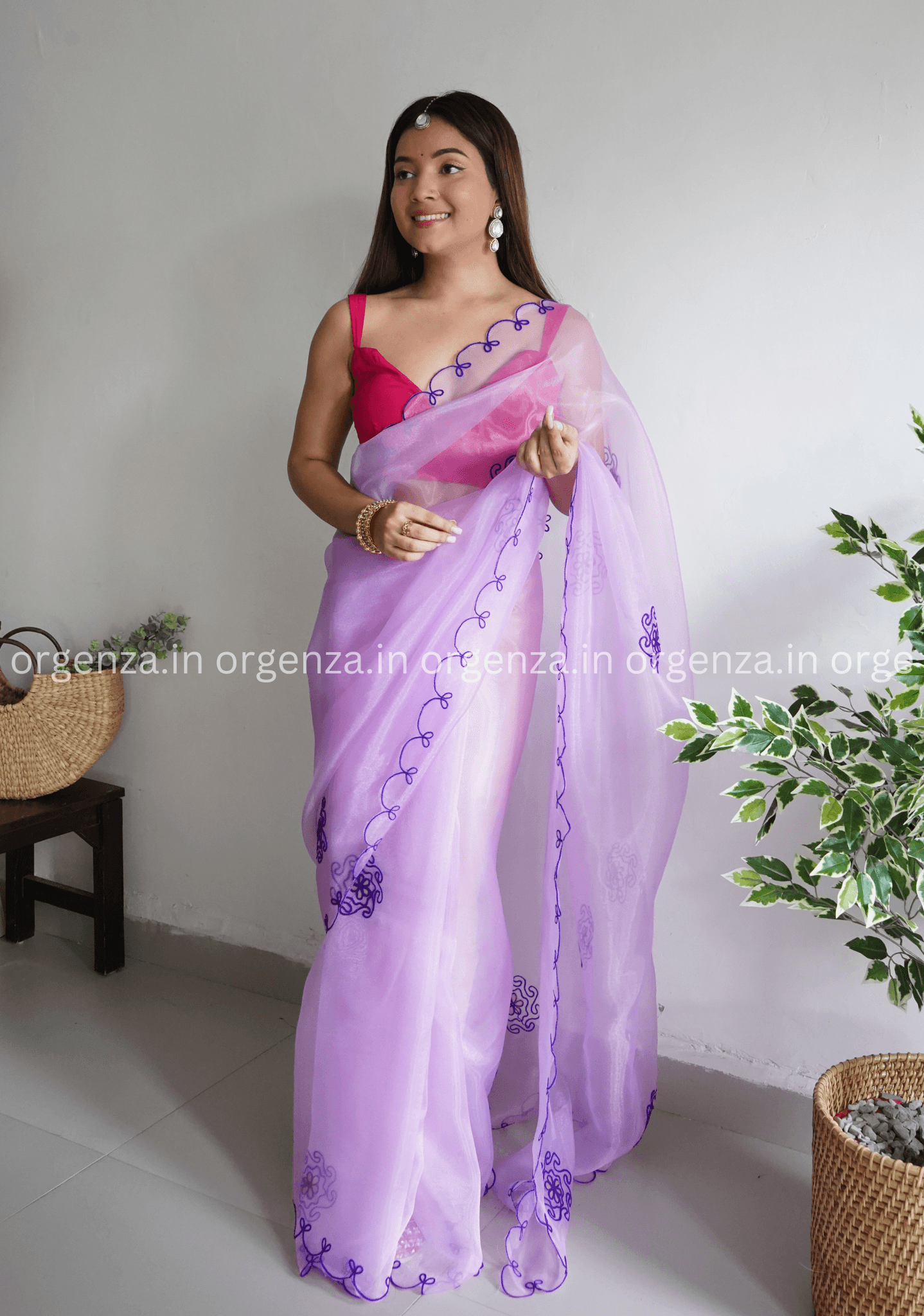 Lavender Colour Organza With Flower Gotta Work - Orgenza Store