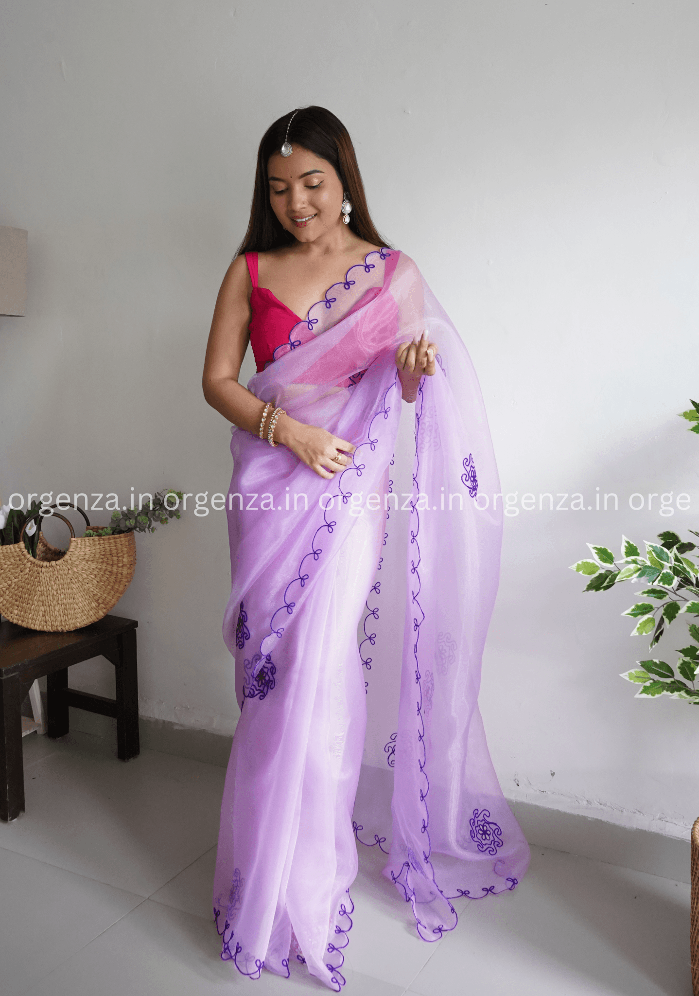 Lavender Colour Organza With Flower Gotta Work - Orgenza Store