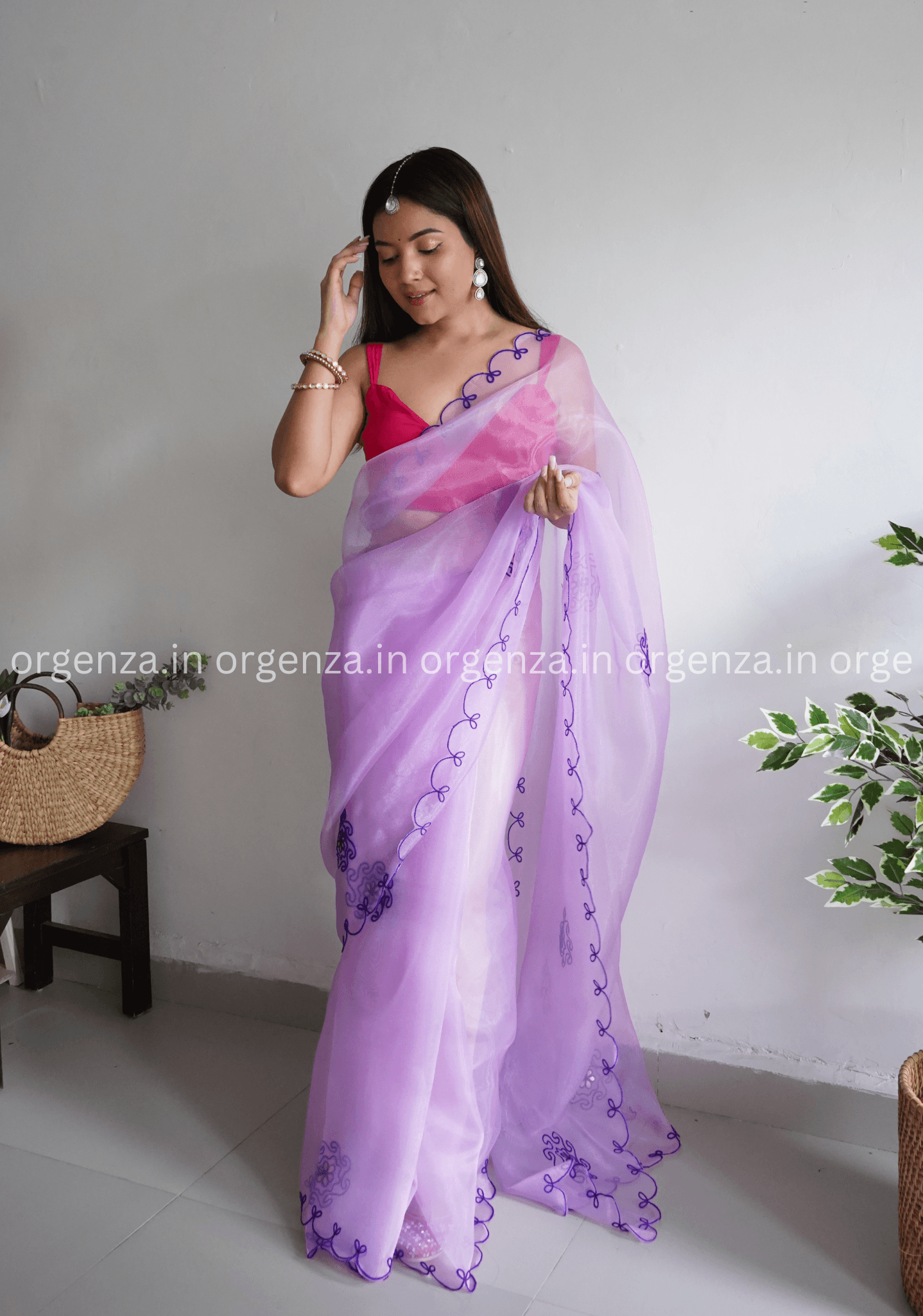 Lavender Colour Organza With Flower Gotta Work - Orgenza Store