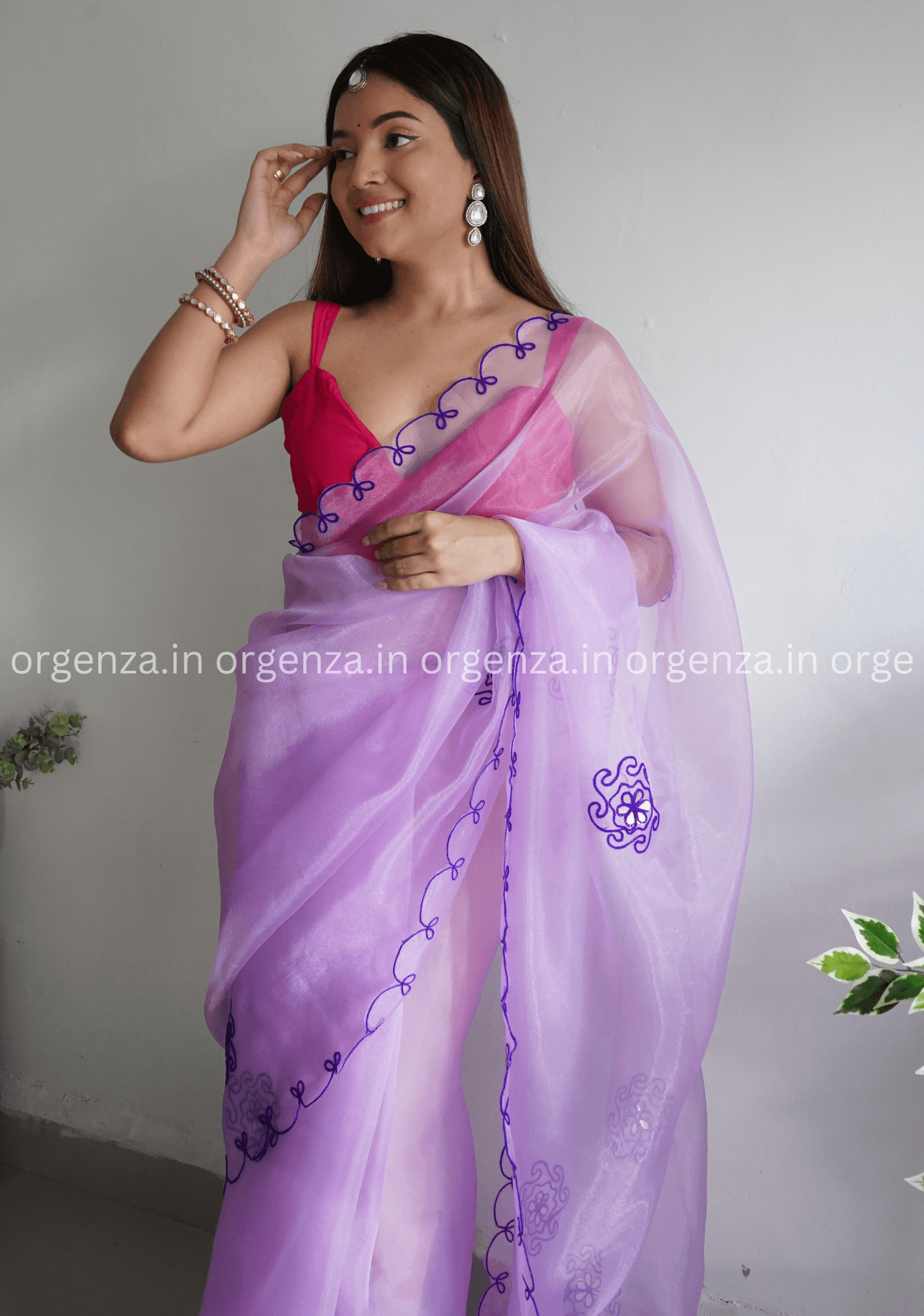 Lavender Colour Organza With Flower Gotta Work - Orgenza Store