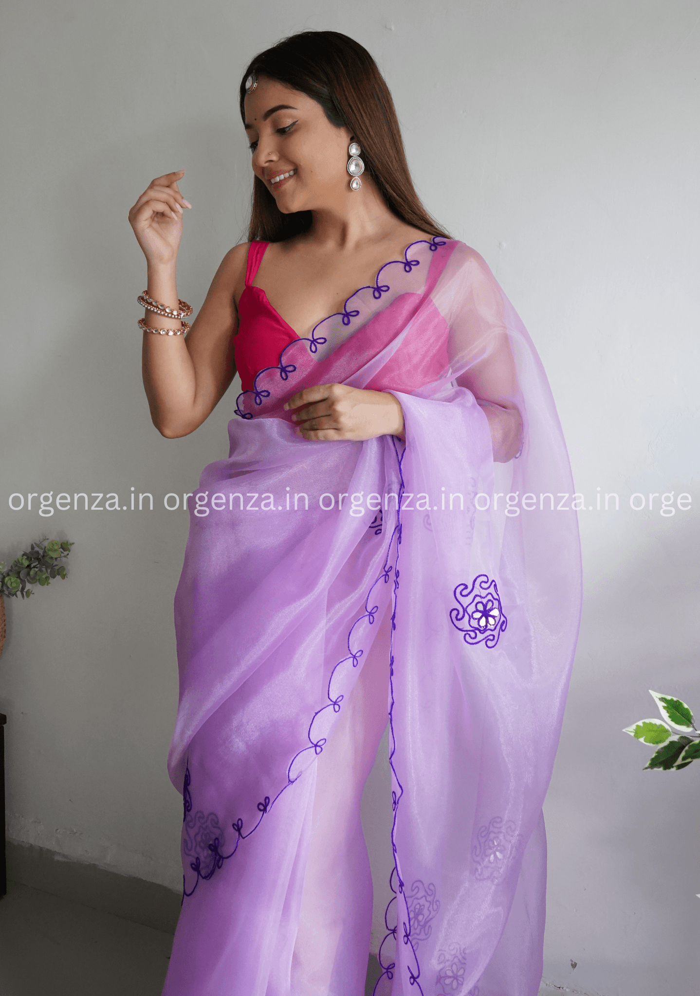 Lavender Colour Organza With Flower Gotta Work - Orgenza Store