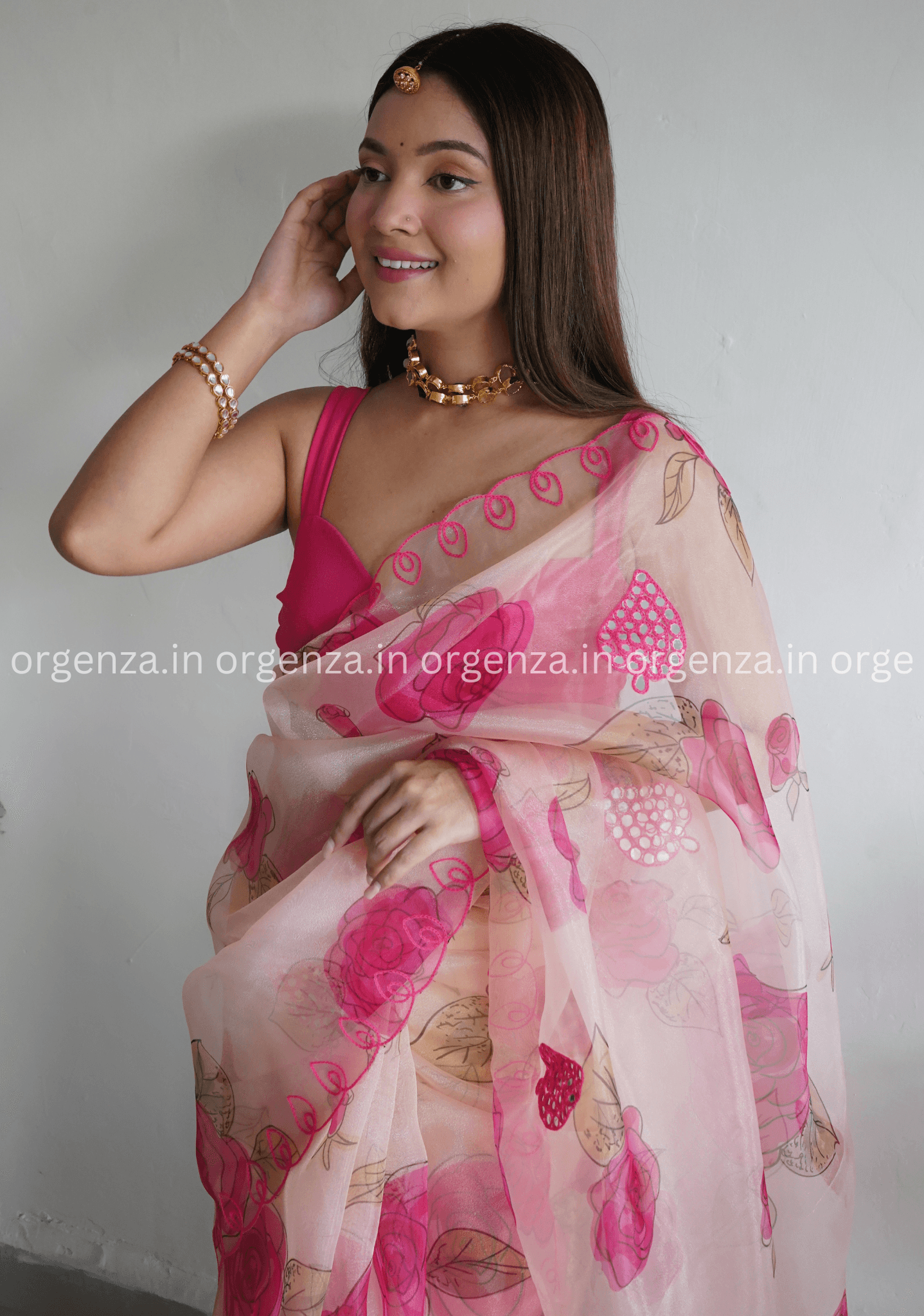 Cream And Pink Floral Organza Saree - Orgenza Store