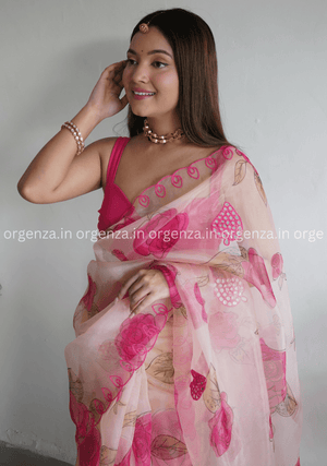 Cream And Pink Floral Organza Saree - Orgenza Store - digisoch