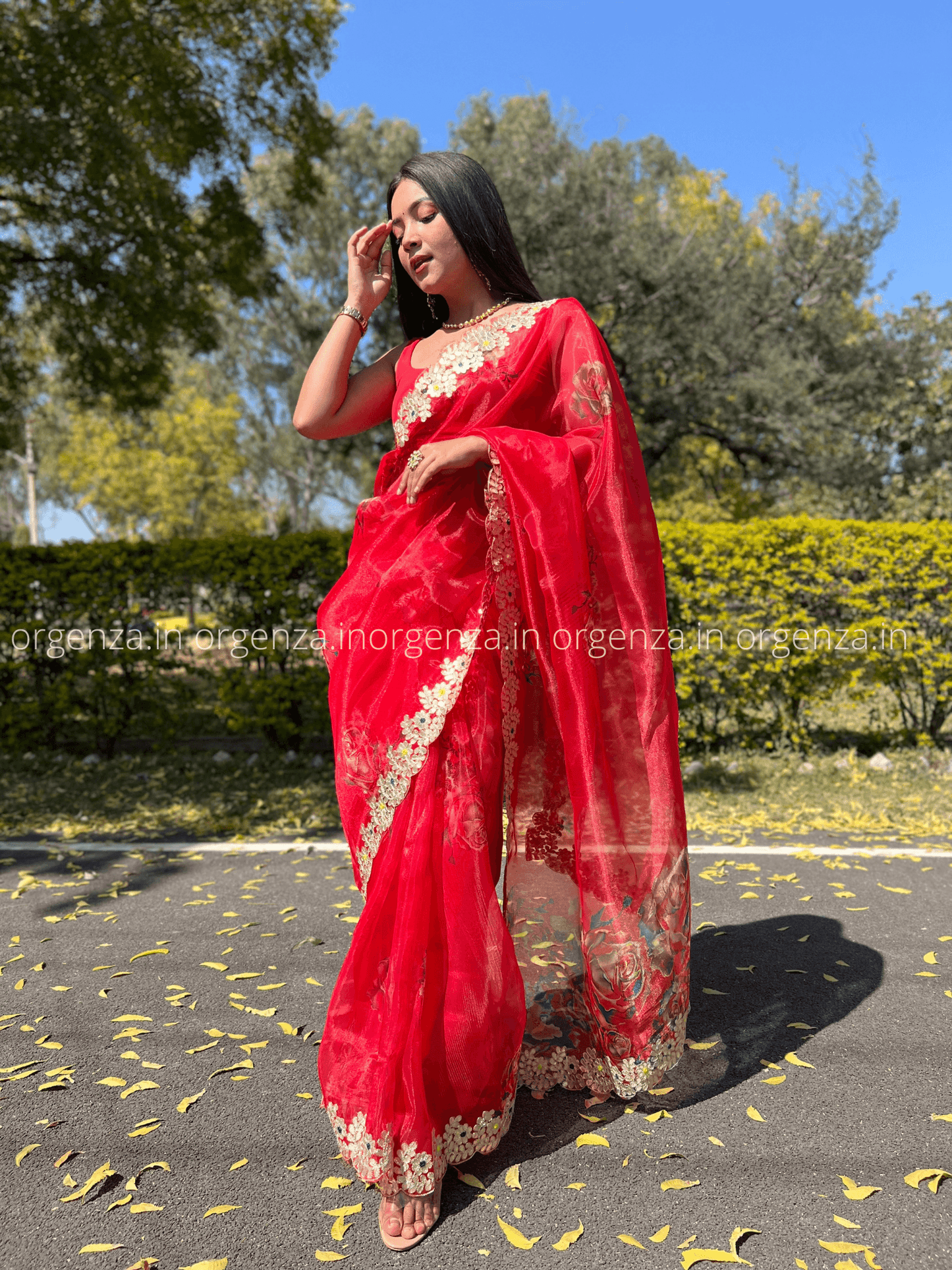Red Organza With Gota Patti Border - Orgenza Store
