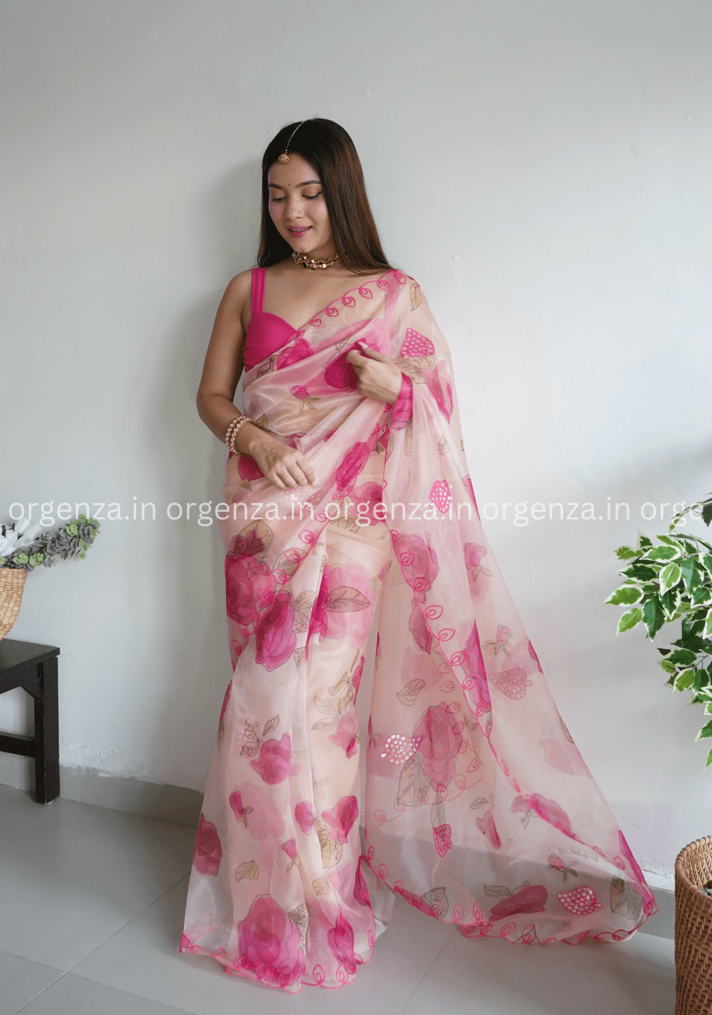 Cream And Pink Floral Organza Saree - Orgenza Store
