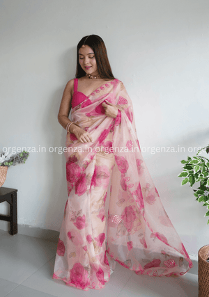 Cream And Pink Floral Organza Saree - Orgenza Store - digisoch