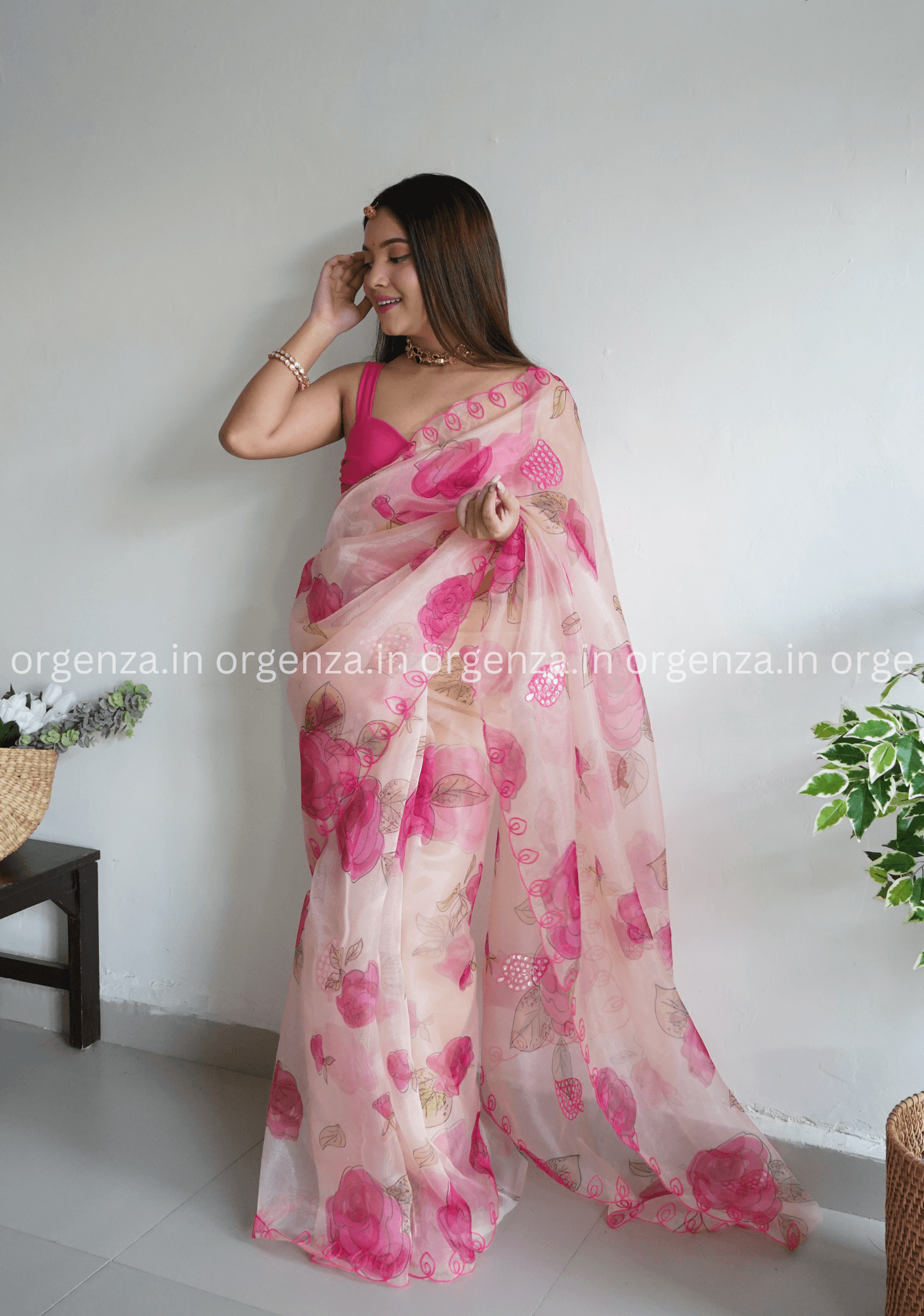 Cream And Pink Floral Organza Saree - Orgenza Store