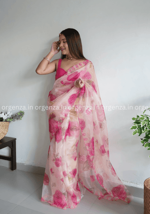 Cream And Pink Floral Organza Saree - Orgenza Store - digisoch