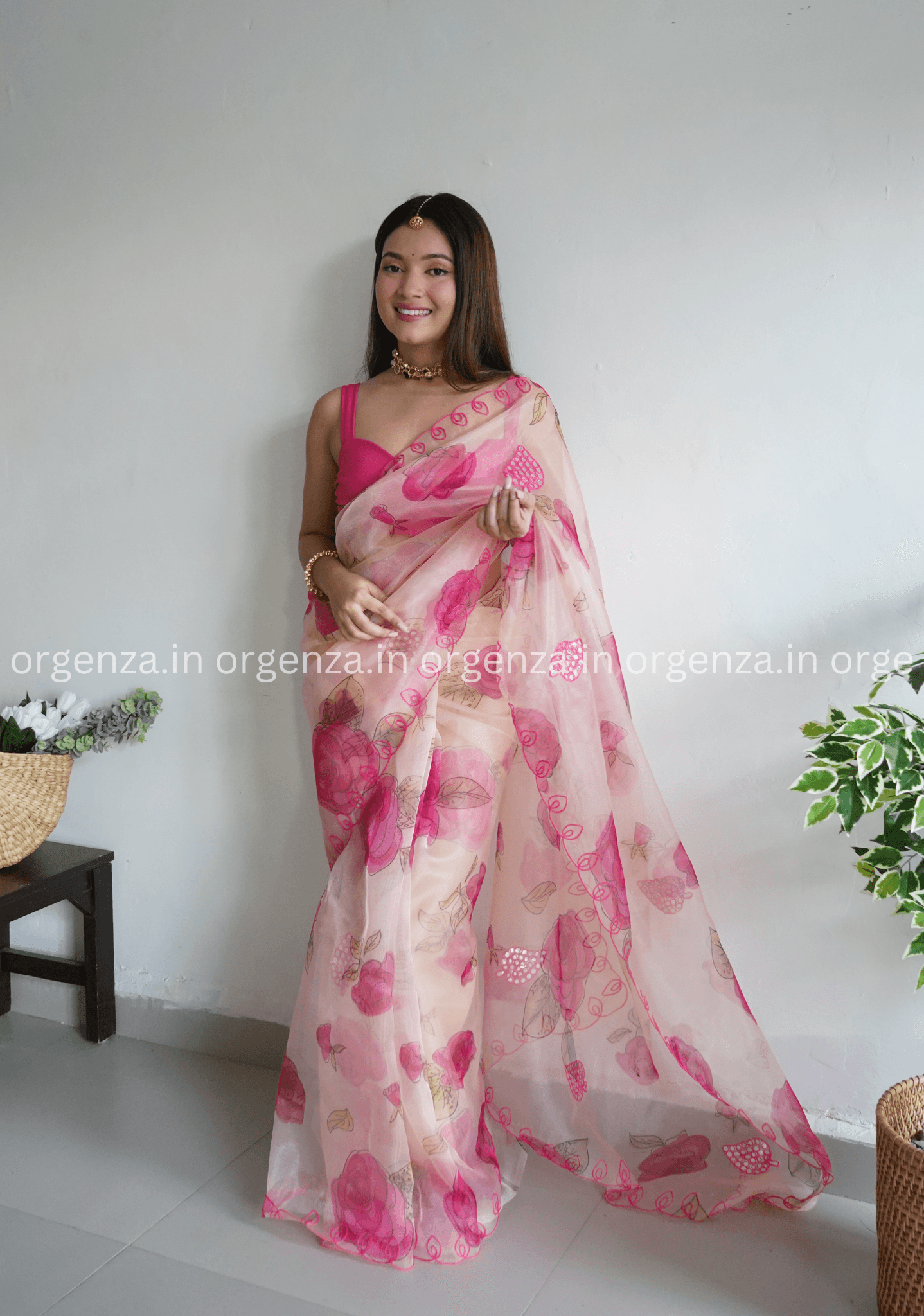 Cream And Pink Floral Organza Saree - Orgenza Store