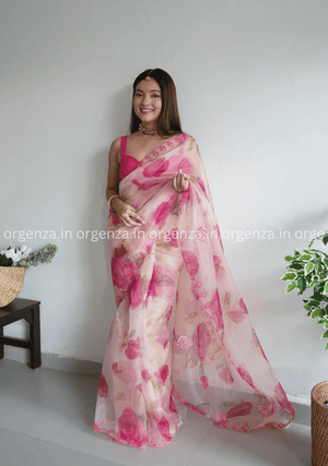 Cream And Pink Floral Organza Saree - Orgenza Store - digisoch