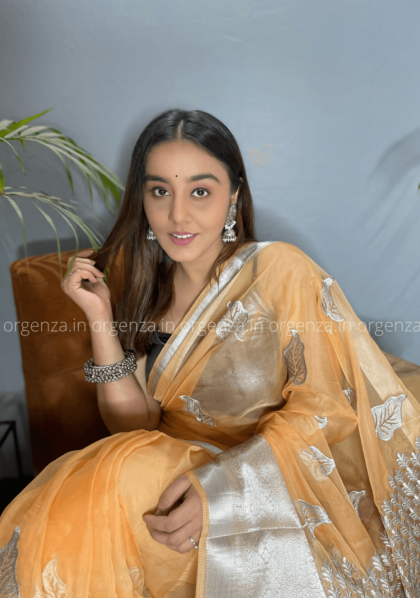 Orange Silver Organza Weaving Saree - Orgenza Store