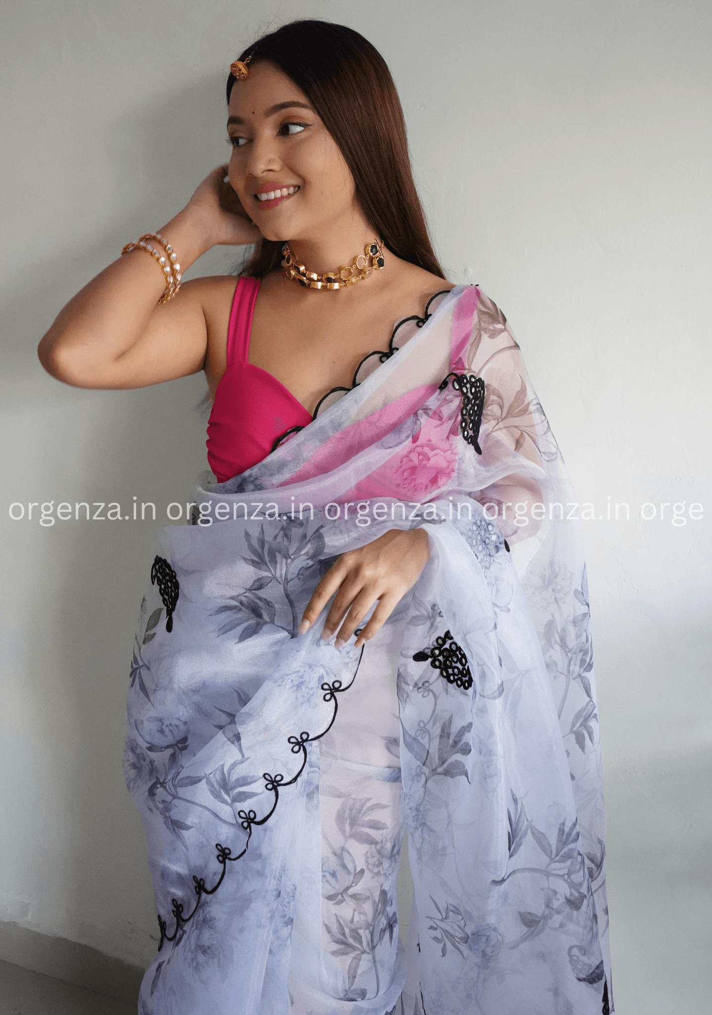 White Colour Organza With Floral Print - Orgenza Store