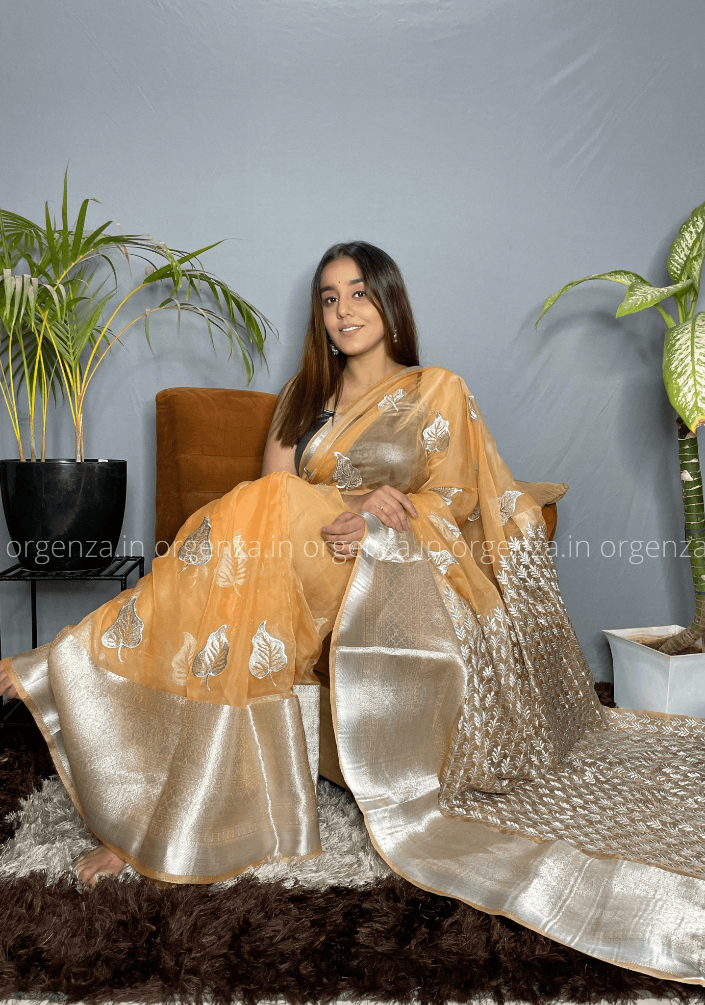 Orange Silver Organza Weaving Saree - Orgenza Store