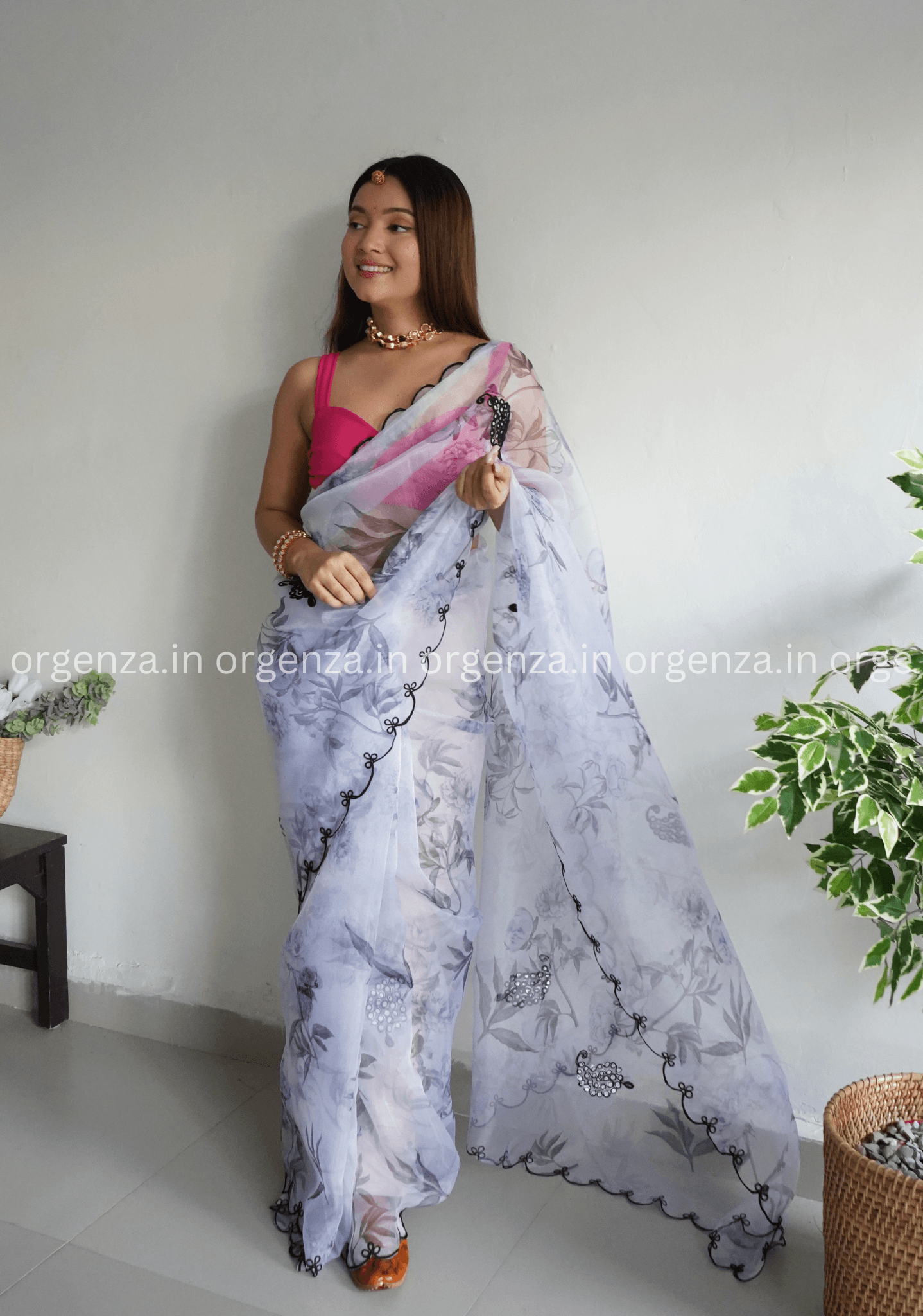 White Colour Organza With Floral Print - Orgenza Store