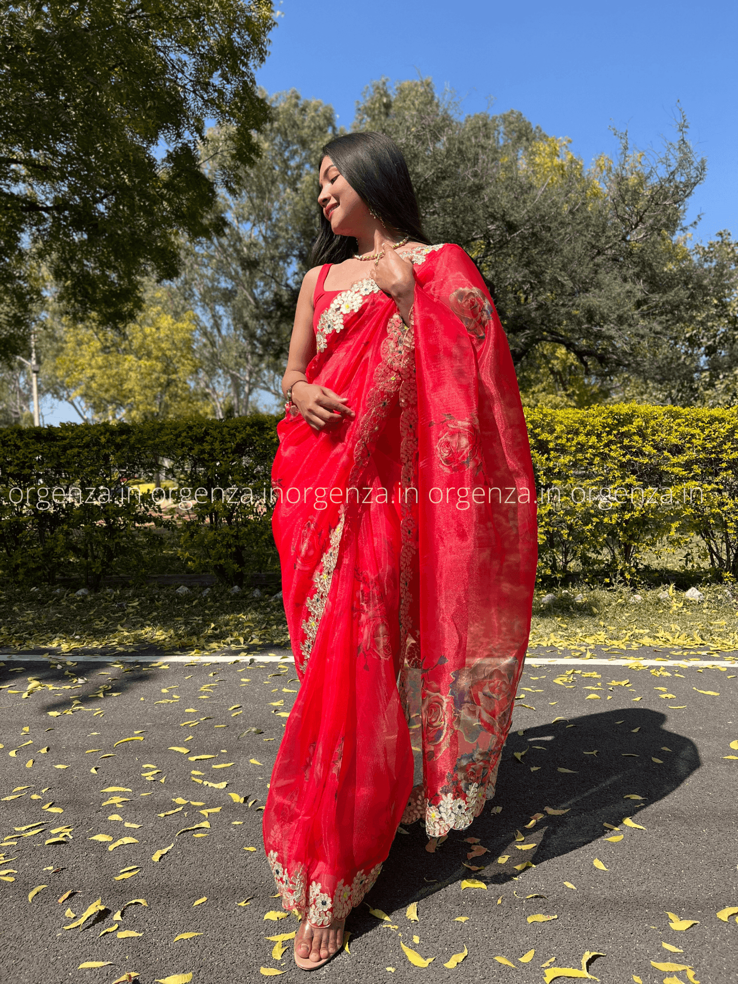 Red Organza With Gota Patti Border - Orgenza Store