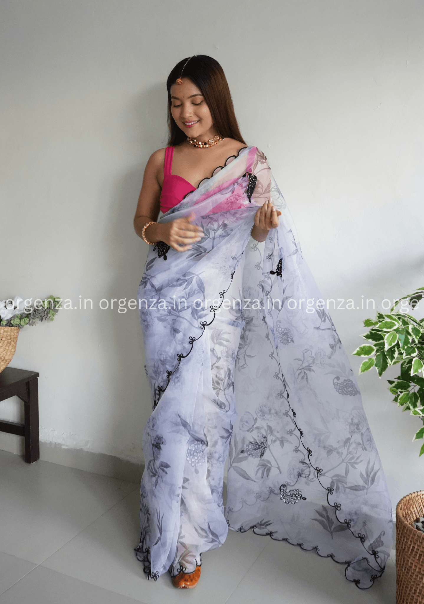 White Colour Organza With Floral Print - Orgenza Store