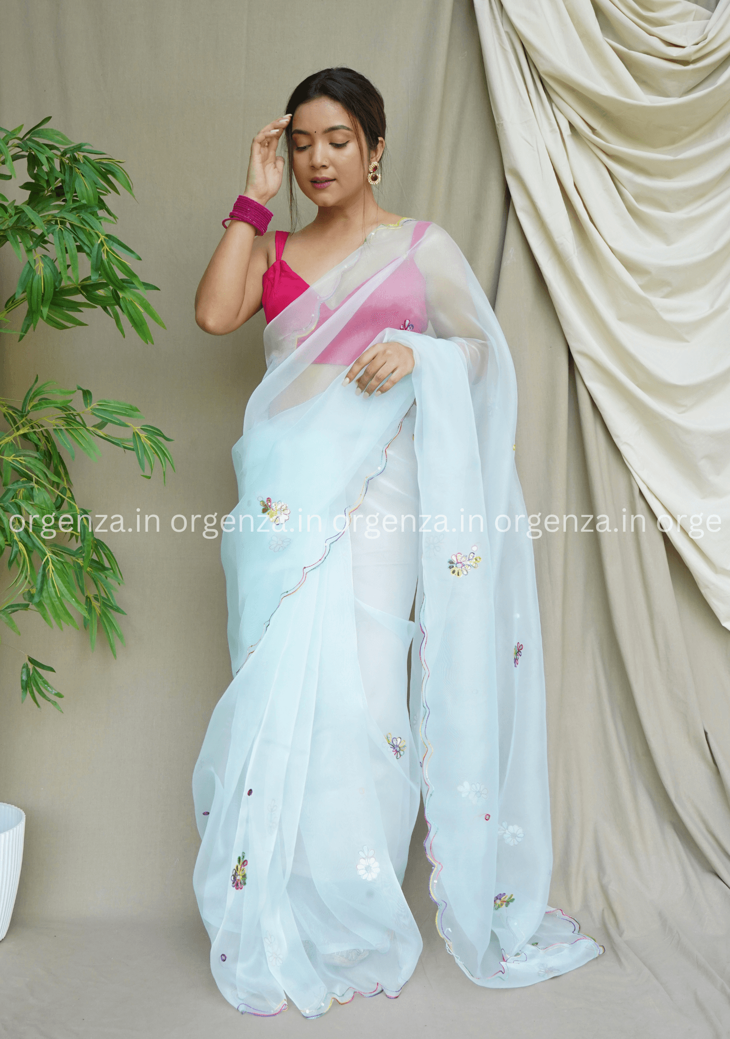 Light Sky Colour Organza Saree With Multi Thread Work - Orgenza Store