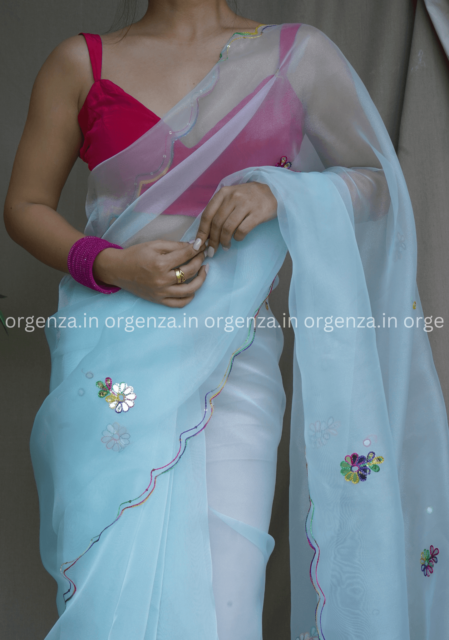 Light Sky Colour Organza Saree With Multi Thread Work - Orgenza Store