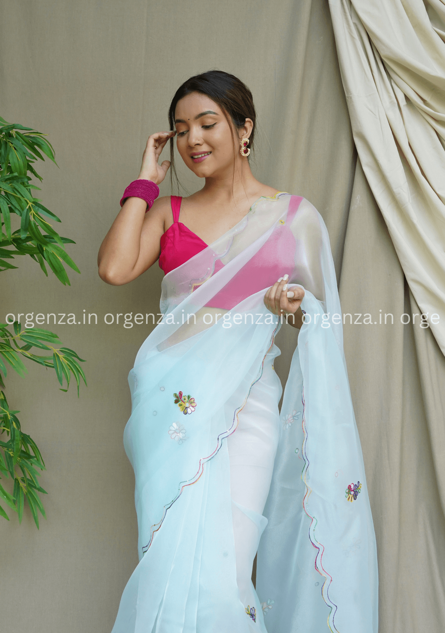 Light Sky Colour Organza Saree With Multi Thread Work - Orgenza Store