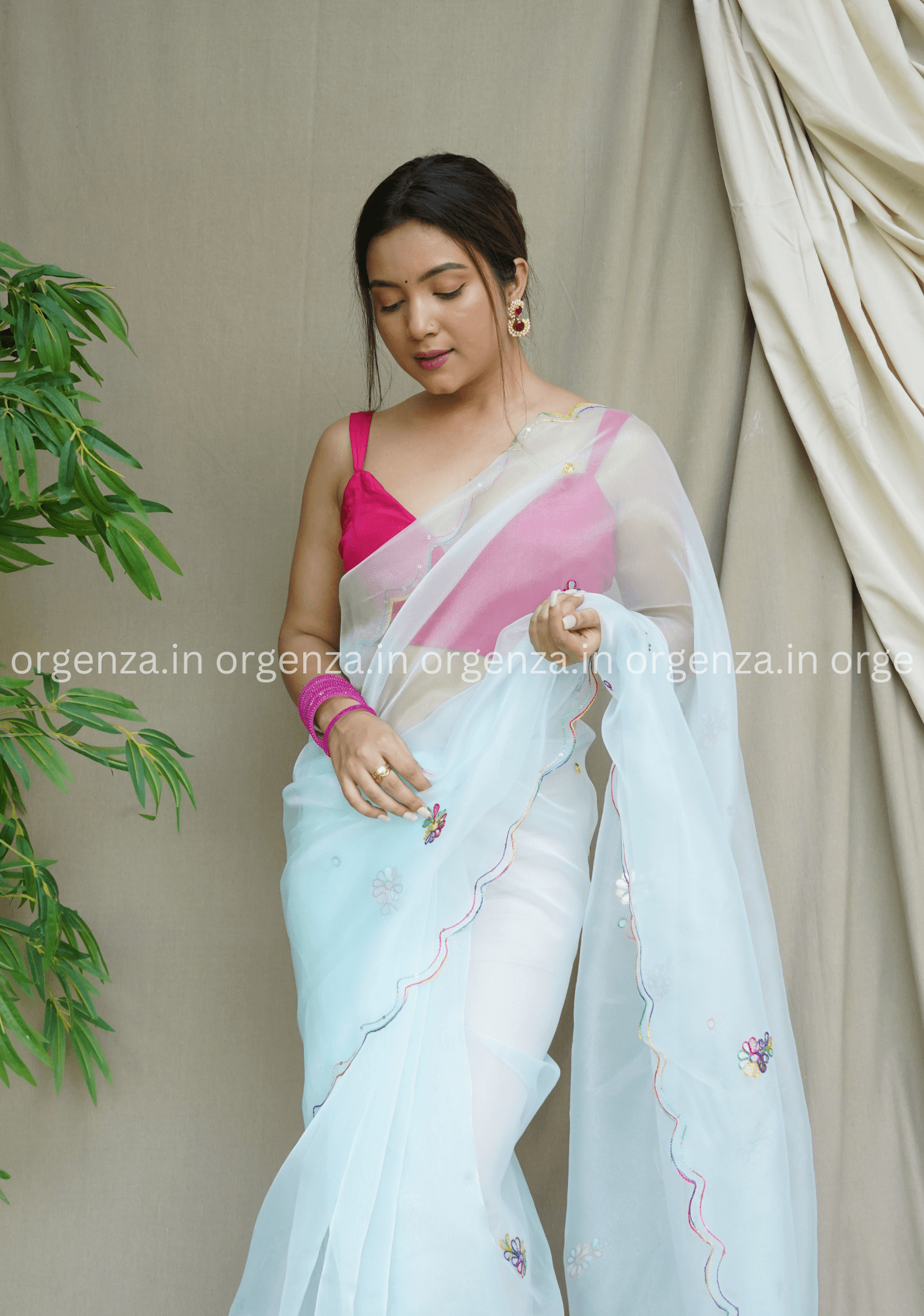 Light Sky Colour Organza Saree With Multi Thread Work - Orgenza Store