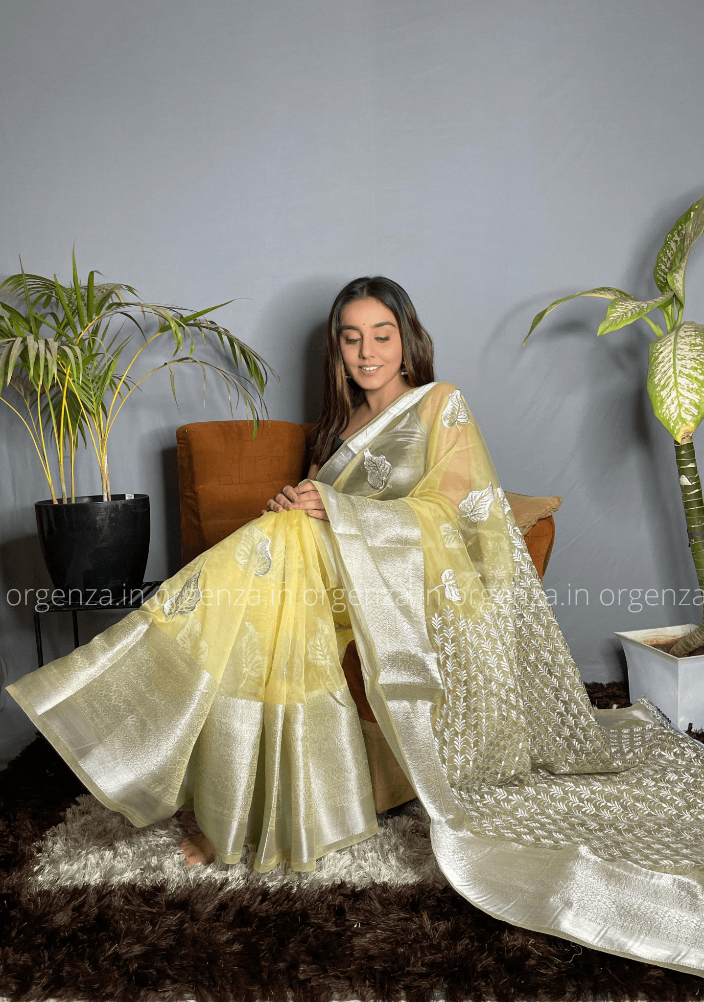 Light Yellow Silver Organza Weaving Saree - Orgenza Store - digisoch