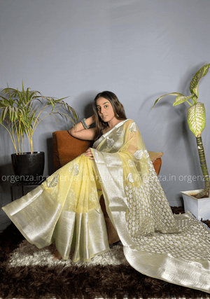 Light Yellow Silver Organza Weaving Saree - Orgenza Store - digisoch