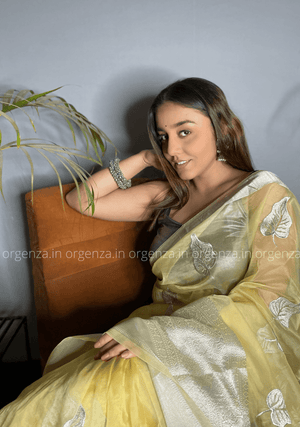 Light Yellow Silver Organza Weaving Saree - Orgenza Store - digisoch