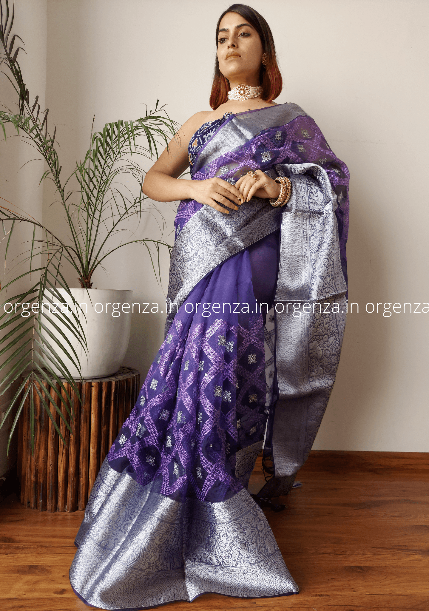 Kora Navy Blue Organza Silk Saree With Elephant Zari Border - Orgenza Store
