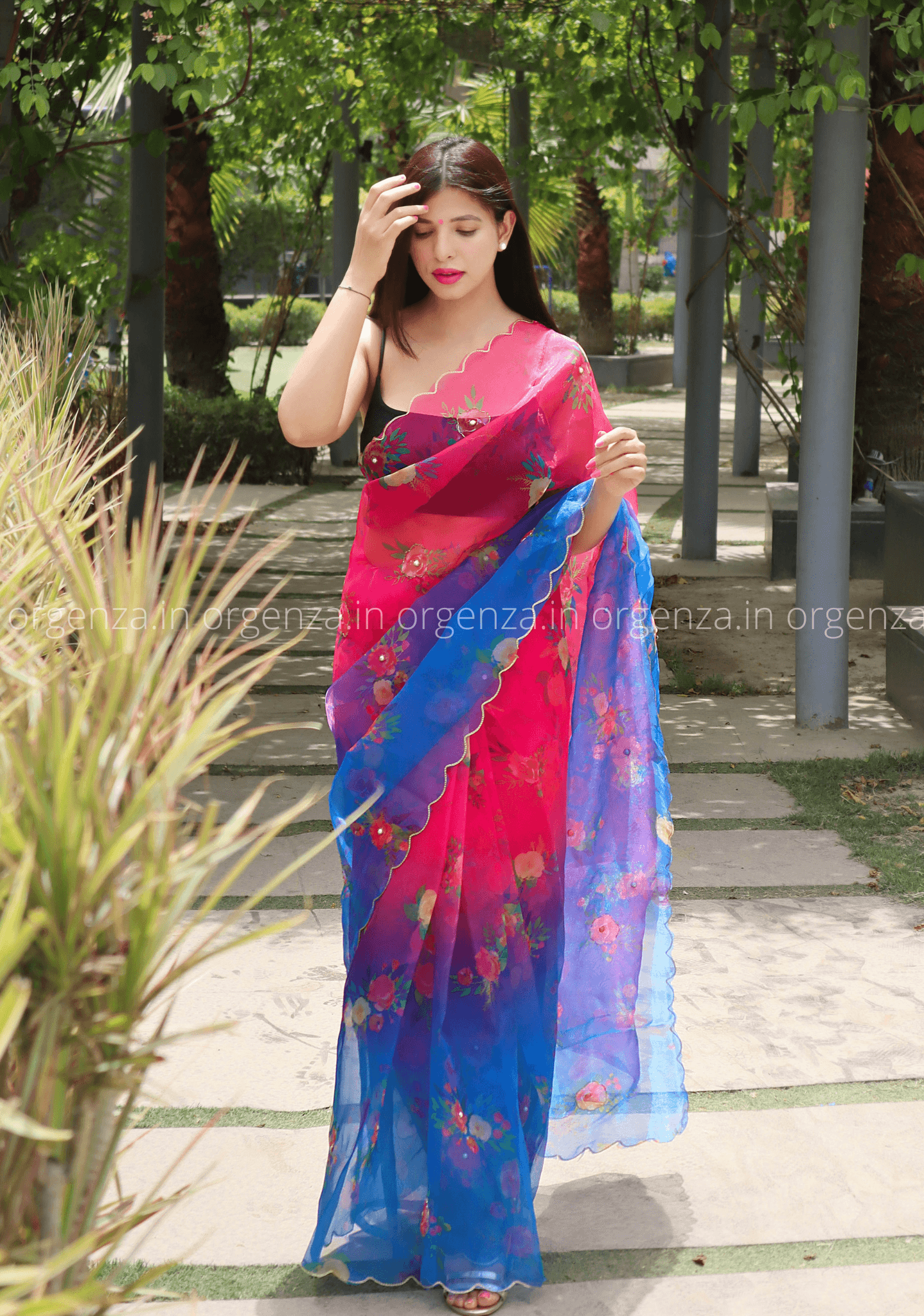 Pink And Blue Soft Organza Multi Colour With Readymade Blouse - Orgenza Store