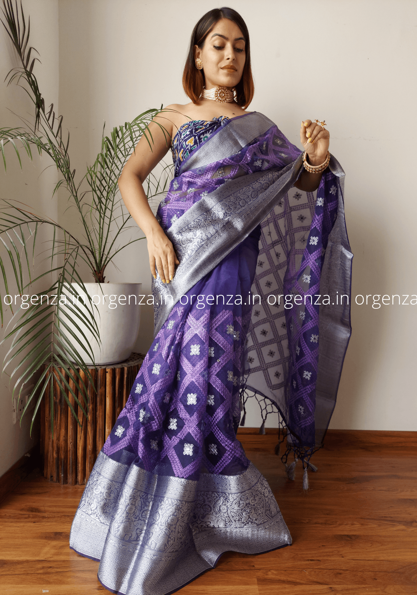Kora Navy Blue Organza Silk Saree With Elephant Zari Border - Orgenza Store